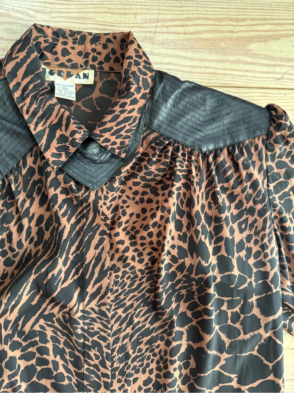 Vintage Jordan Animal Print Blouse with Faux Leather Yoke Size 15/16